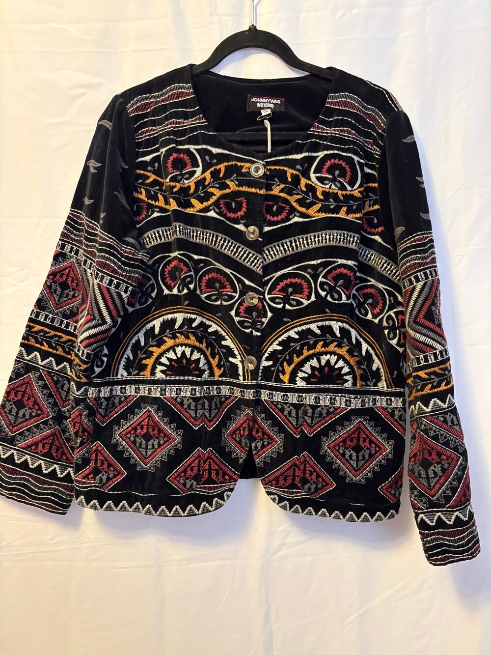 New Johnny Was Blair Statement Velvet Jacket Black Yellow Red Embroidered Sz L